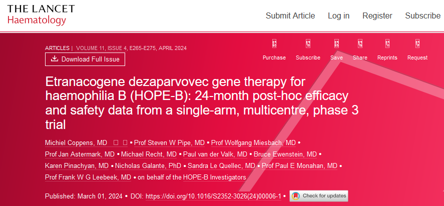 Lancet Haematol丨HOPE-B试验：血友病B基因疗法的长期随访结果'